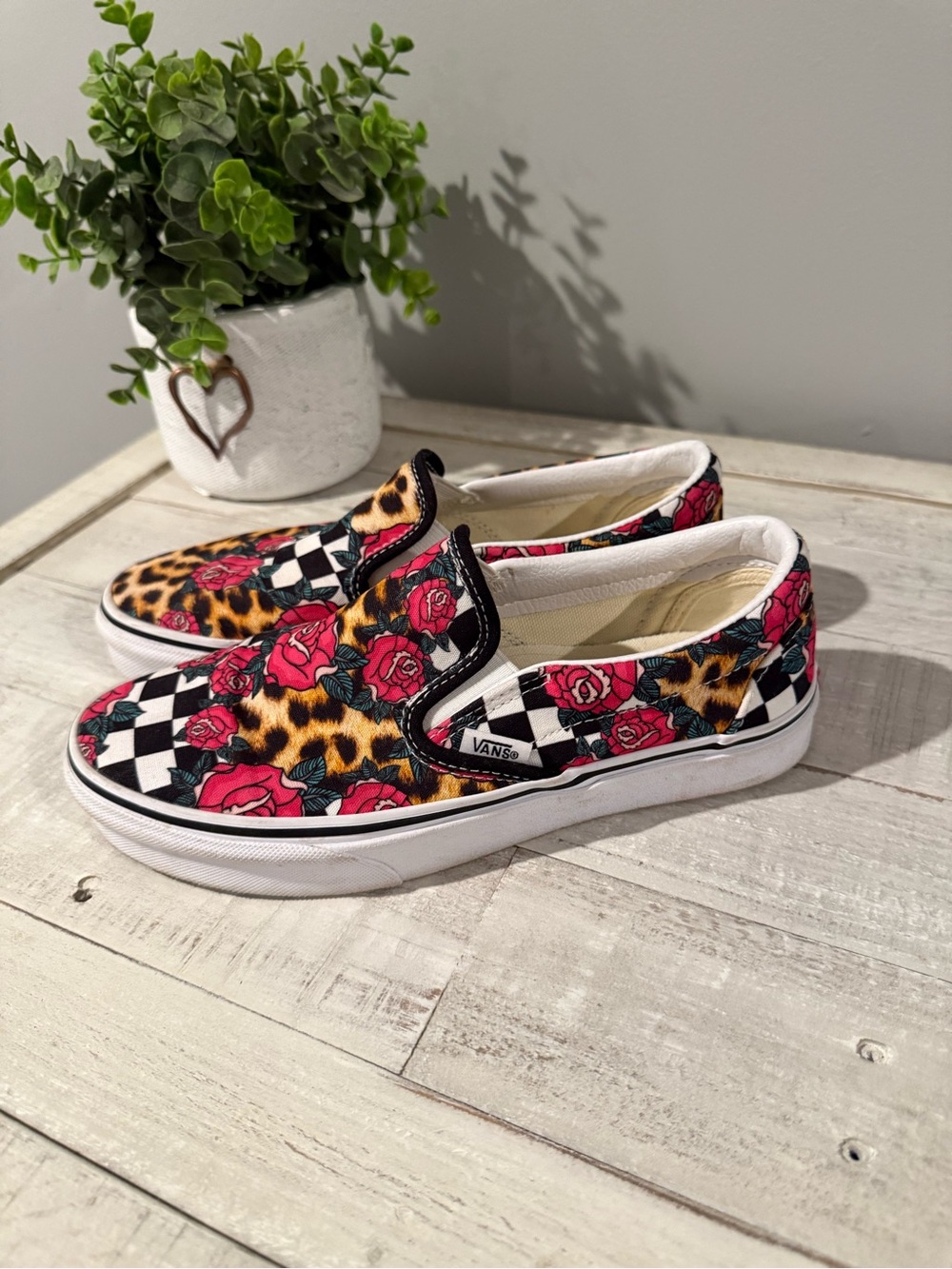 Vans Women's Slip-On Sneakers in Pink Rose, Black & Leopard Print